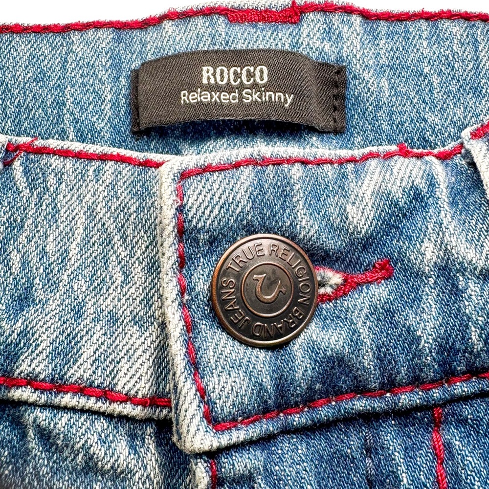 True Religion Mens Rocco Big T Relaxed Skinny Jeans 32x31 Red Stitch Y2K Stretch - Picture 5 of 14